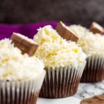 A row of three frosted chocolate coconut cupcakes.