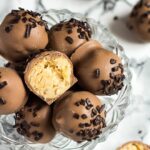 Overhead shot of peanut butter crunch balls in a small glass bowl with one cut in half.