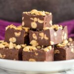 A pile of fudge studded with peanuts on a small white plate.