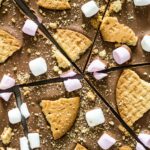 An overhead shot of S'mores Chocolate Bark broken into pieces.