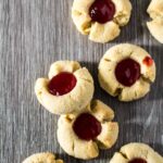 An overhead view of Peanut Butter & Jam Thumbprint Cookies.