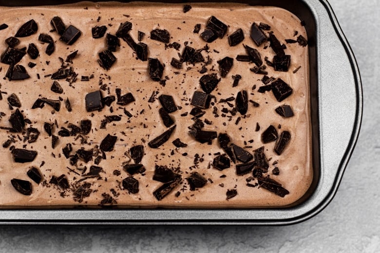 Ice cream mixture in loaf pan ready to be frozen.
